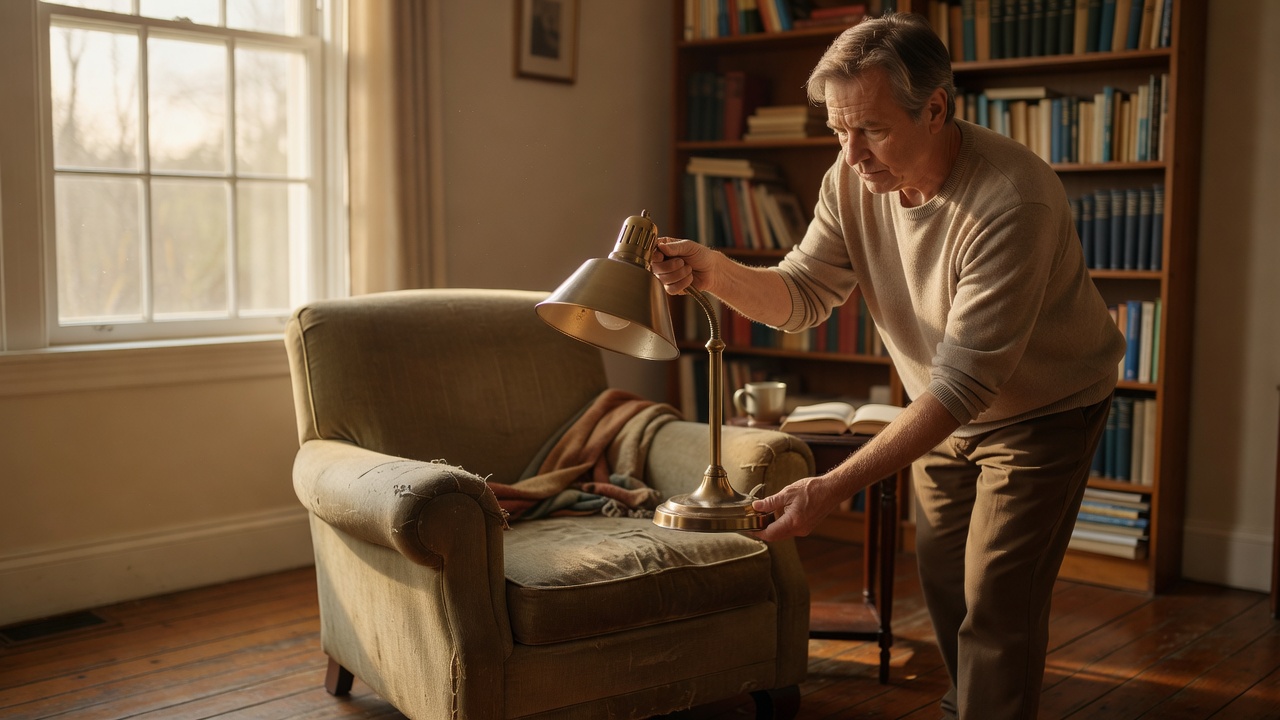 An adult adjusting a reading lamp beside an armchair in a naturally lit home