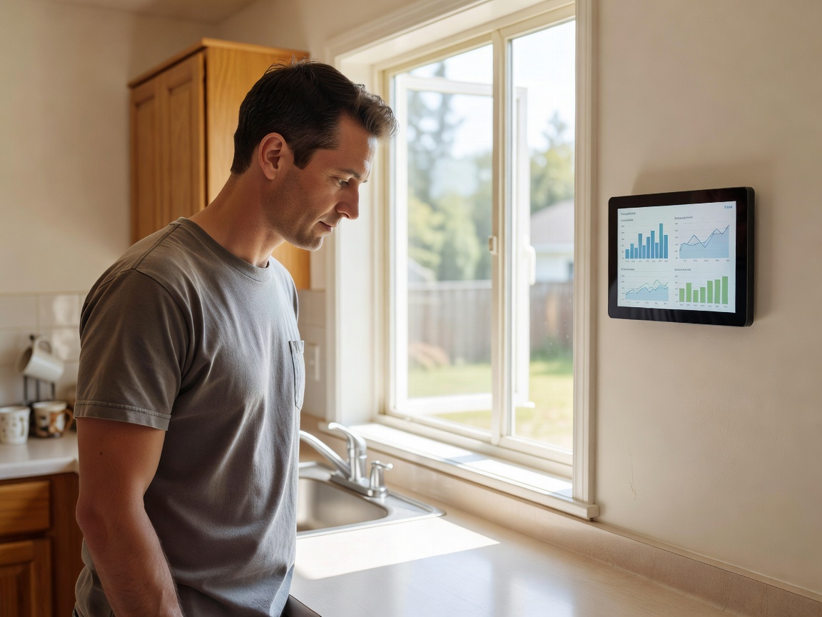 A householder reading an energy monitor display near a kitchen window in daylight